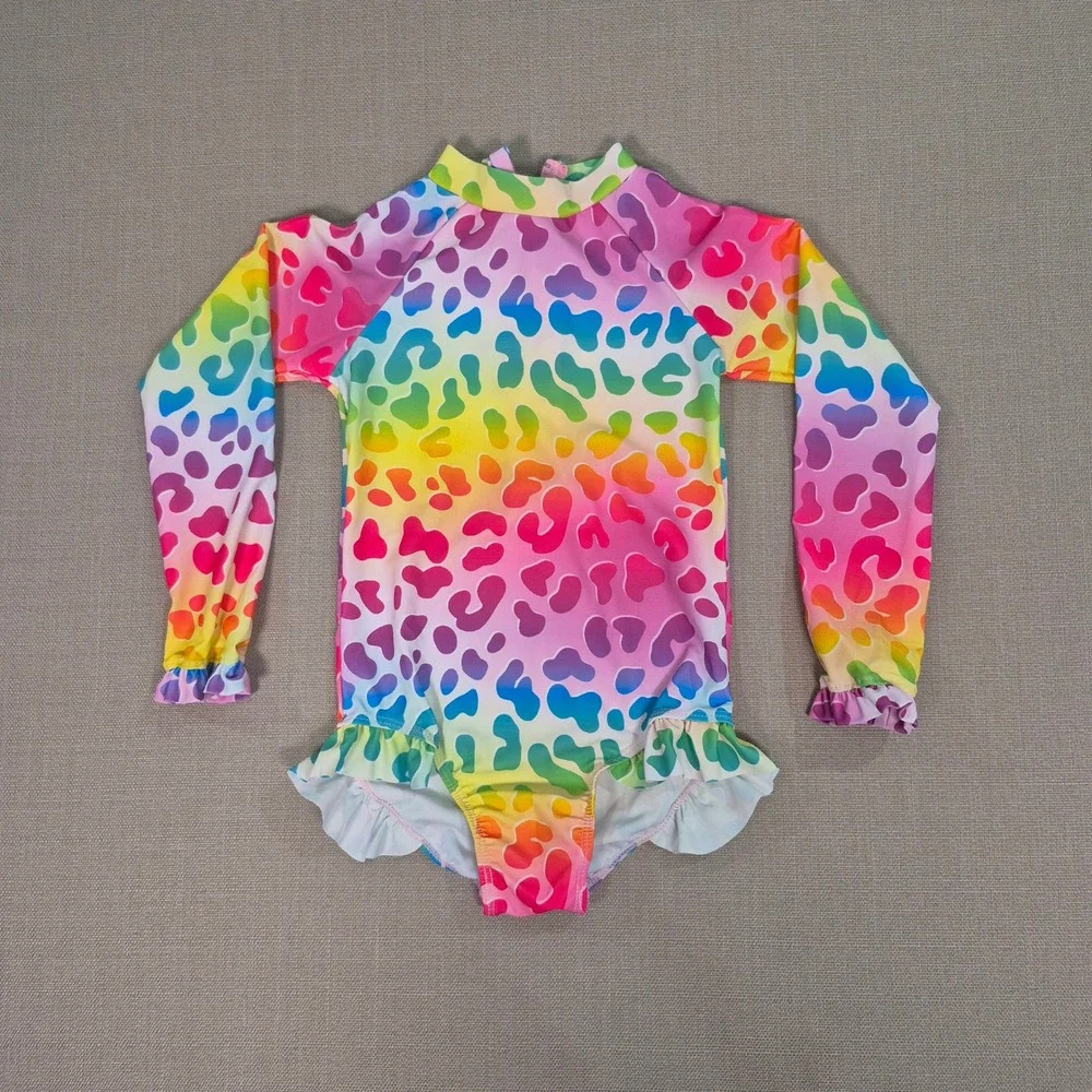 Girls Rainbow Leopard Long Sleeve Rash Guard Swimsuit Size 130